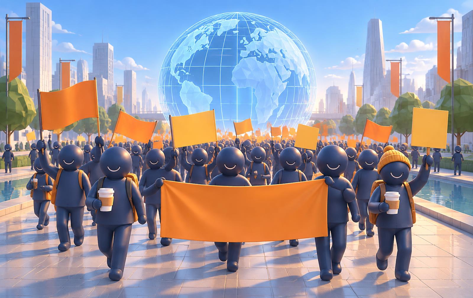 Cortège virtuel de manifestants avec banderoles orange devant un globe